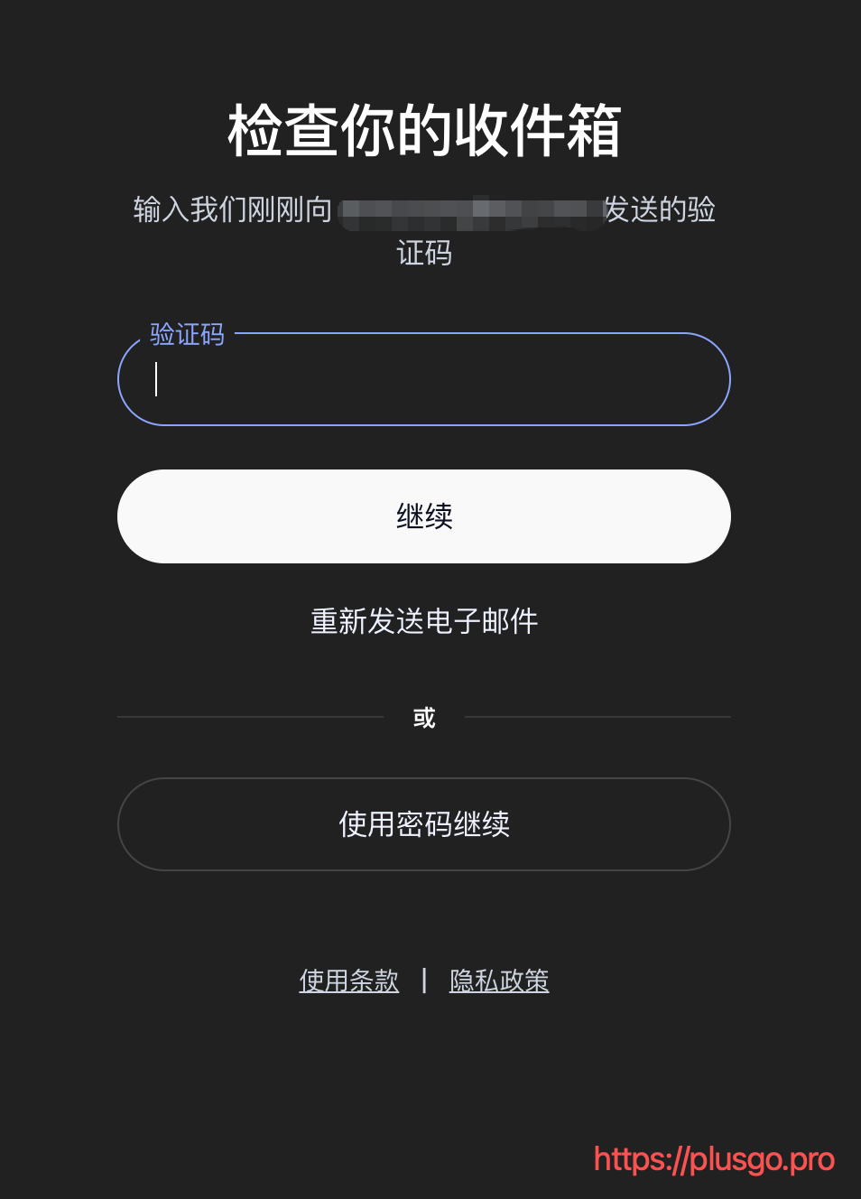 ChatGPT「检查你的收件箱」页面：提示输入刚发送到邮箱的验证码，验证码输入框、继续按钮，下方有「重新发送电子邮件」和「使用密码继续」选项